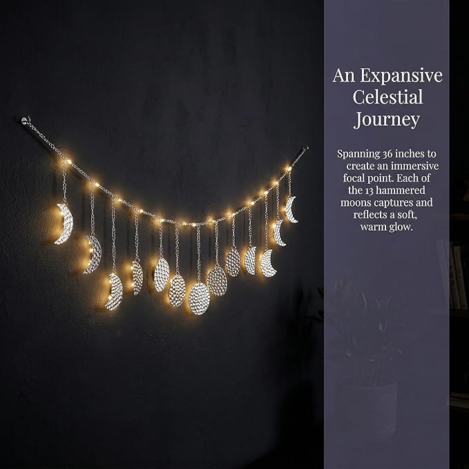 Boho Moon Phase Wall Hanging, Silver Hammered Metal LED Celestial Garland for Bedroom Witchy Home Christmas Decor
