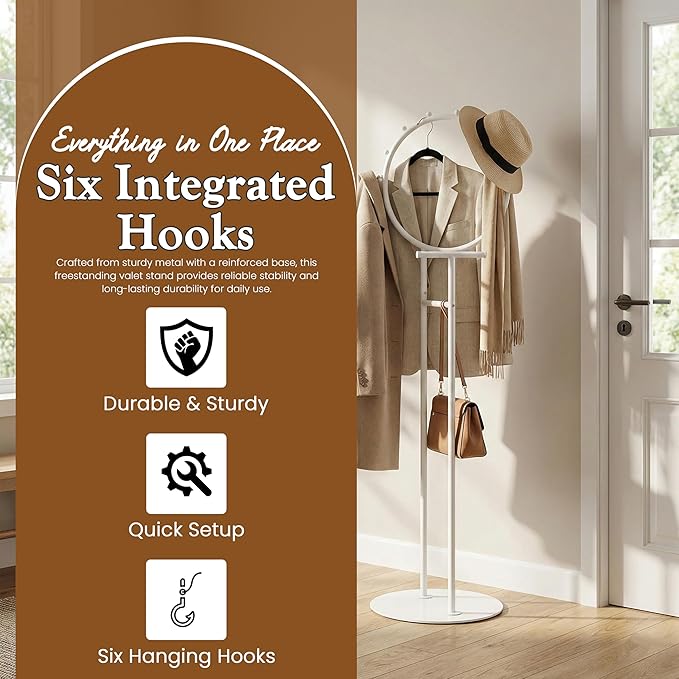 Kings Brand Furniture Cheska Suit Valet Stand with Circular Frame - Tie Jacket Clothes Hooks, Freestanding Clothing Organizer, White