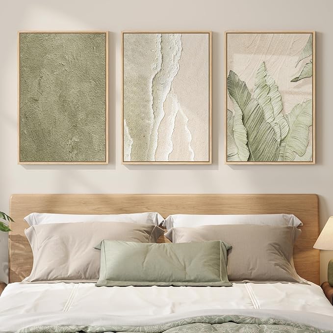 Framed Abstract Sage Green 3 Piece Wall Art for Living Room, Modern Neutral Waves Botanical Canvas Artwork for Walls, Minimalist Wabi Sabi Rustic Nature Print Wall Decor for Bedroom Office, 16x24 Inch