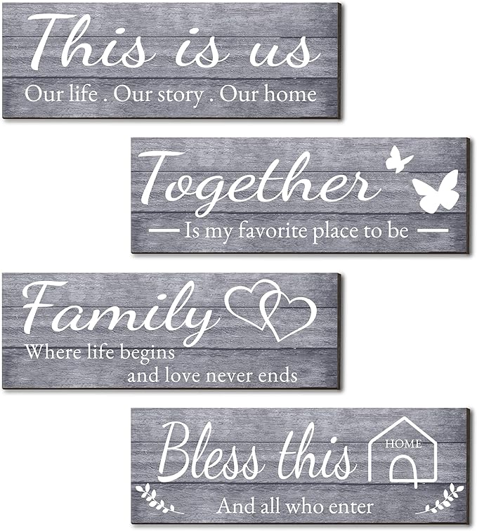 Joyhawk 4 Pieces Wall Decor Signs, THIS IS US, TOGETHER, BLESS THIS HOME, FAMILY Rustic Wooden Farmhouse Wall Art Décor For Living Room Bedroom Kitchen, , 4.7 x 13.8 Inch(Grey)