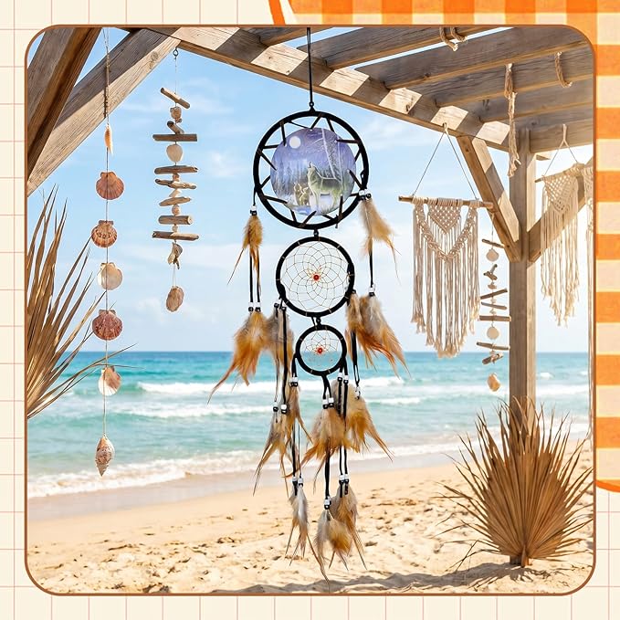 Wowagoga Dream Catcher Indian Style Oil Painting Wolf Hand-Woven Car Pendant Wall Hanging Home Decorations (Wolf)