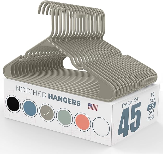Neaties Plastic Hangers 45 Pack – Made in The USA – 6lb Capacity Standard Clothes Hangers with Notches and Reinforced Edges for Dresses, Lingerie, Shirts, Pants, and Jackets – Gray