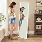 DUMOS LED Full Length Floor Mirror, 20"x63" Full Body Standing Mirror with Lights, 3 Color Lighting, Hanging or Leaning, Wall Mounted, Modern Simple Home Wall Decor, White