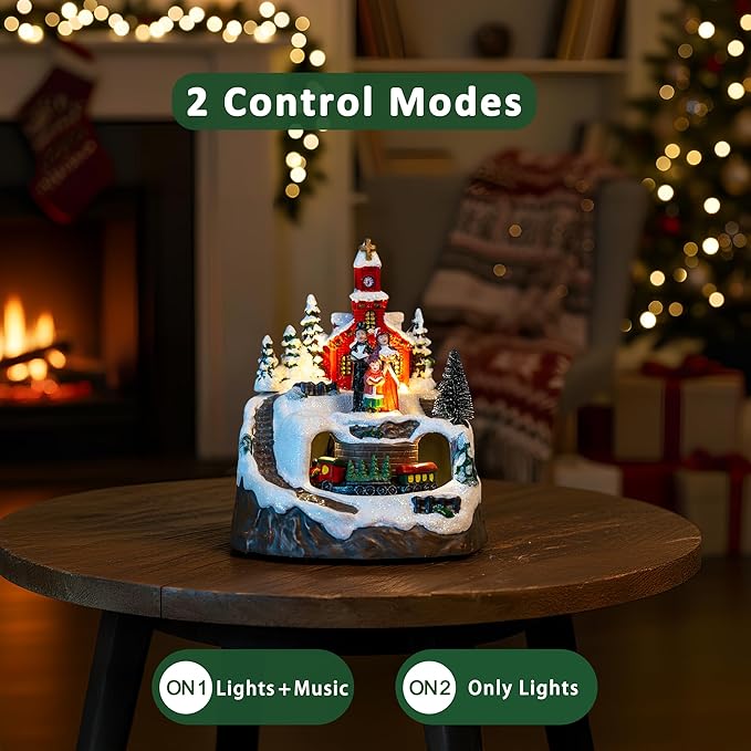 Animated Musical Christmas Village Choir Figurines Christmas Collectibles Statues Church Building & Carolers with Rotating Train LED Lights, Battery & USB Home Decor Gifts Festive Holiday Decorations