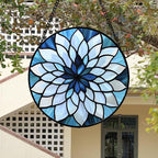 Stained Glass Suncatcher, Blue White Multi-Petal Flowers Sun Catcher Landscape Stain Glass Window Hanging Decoration Mother's Day Birthday Gifts for Women Men Mom Nana 7.8 in