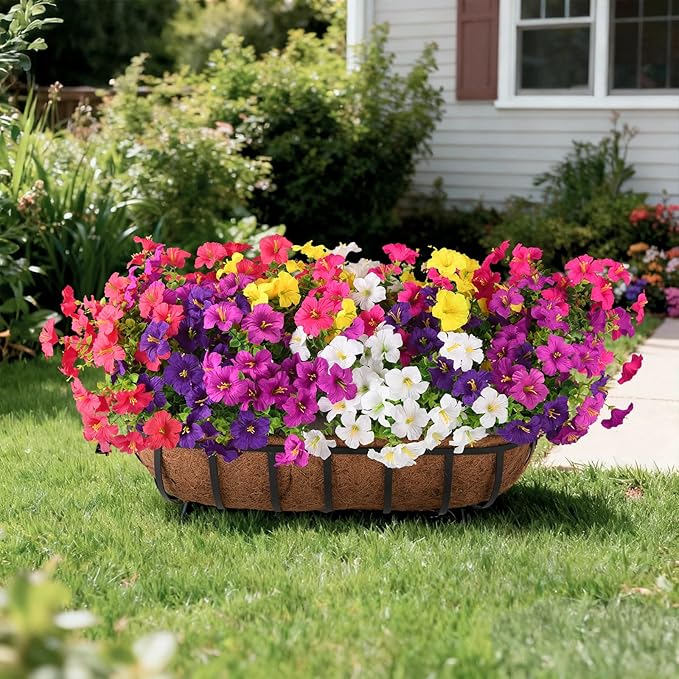 INQCMY Artificial Fake Flowers for Outdoor Spring Decoration,12 Bundles Faux Silk Colorful Morning Glory with Eucalyptus UV Resistant Realistic Fake Plants for Outside Planter Porch Patio Yard Garden