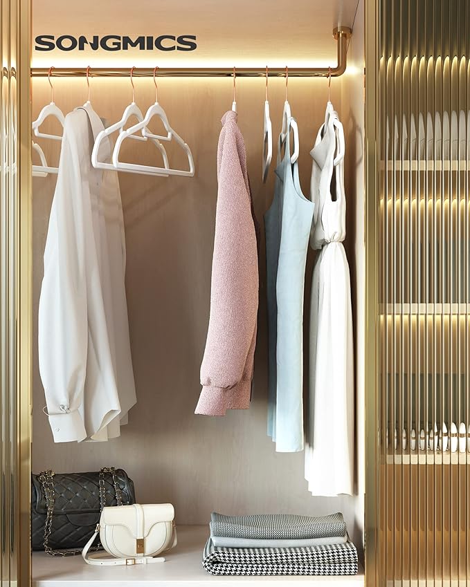 SONGMICS Velvet Hangers, Set of 50 Clothes Hanger with Rose Gold Swivel Hook, Non-Slip, and Space-Saving, 0.2-Inch Thick, 17.1-Inch Long for Coat, Shirt, Dress, Pants, Tie, Cloud White UCRF021W02
