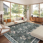 Washable 9x12 Area Rug - Light Green Vintage Floral with Ornate Border, Soft Low Pile Carpet for Living Room, Dining Room Under Table, Bedroom Non-Slip, Stain Resistant & Durable