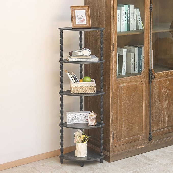 MaxSmeo Corner Shelf, 5-Tier Corner Bookshelf, Stylish Corner Storage Display Shelves for Bedroom, Bathroom, Kitchen, Living Room (Charcoal Gray)