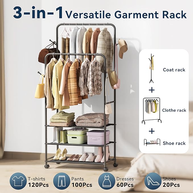 Whitmor Heavy Duty Adjustable Garment Rack-Rolling Clothes Organizer, Black and Chrome