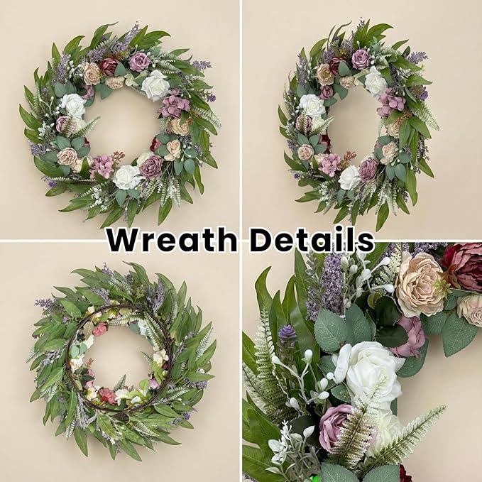 26 Inch Eucalyptus Wreaths with Roses, Hydrangeas, Lavender, Berries, Salal Leaves, Ferns, Dusty Miller, Green Summer Spring Wreaths for Front Door, Large Wreath for Porch Decor