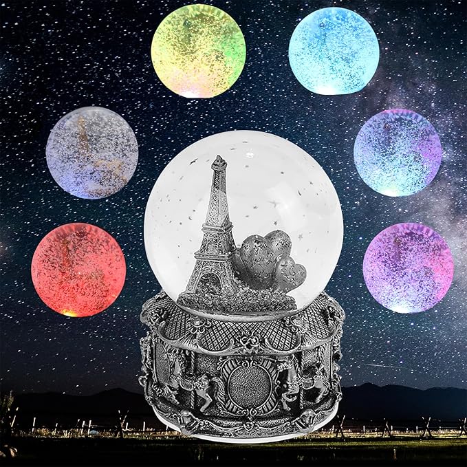 LED Music Snow Globe Vintage Eiffel Tower Buildings Embedded Carousel Retro Home Decoration for Book Shelf Cabinet Floating Board Office Desk Table Top Decor Centerpieces Ornament (Silver A)