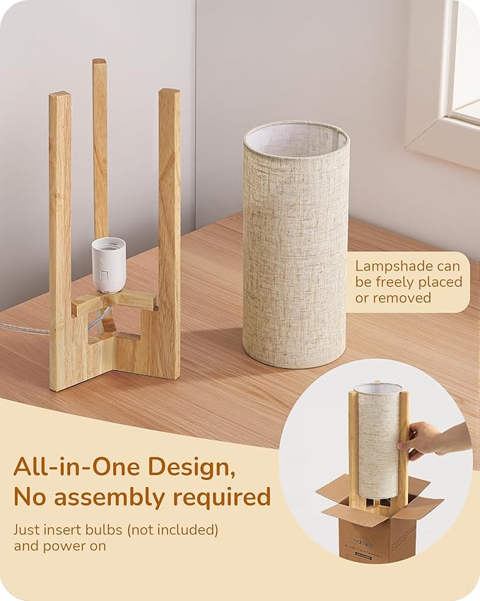 EDISHINE Small Wood Table Lamp, 13.5" Modern Bedside Lamp, Beige Linen Shade, Natural Wood Cylinder Nightstand Lamp for Bedroom Living Room, On-Off Line Switch, E26 Base (Bulb Not Included)