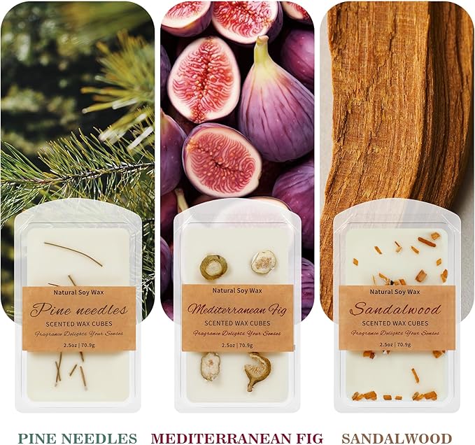 SCENTORINI Wax Melts, Premium Wax with Essential Oil, Summer Scents, Scented Wax Melts, Natural Dried Flower, Pine Needles, Sandalwood, Mediterranean Fig, 2.5 oz X 3 Pack