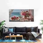 Vintage Pink Flower Wall Art Retro Flowers in Golden Vase Pictures Blue Ocean Coastal Landscape Canvas Prints Blossom Painting Poster Floral Artwork Living Room Bathroom Home Decoration 29.53x57.87"
