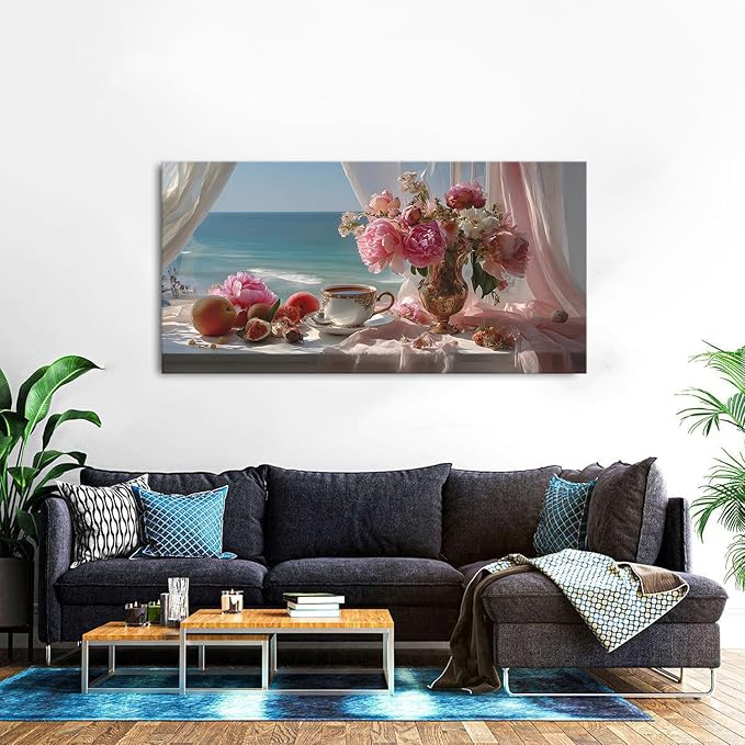 Vintage Pink Flower Wall Art Retro Flowers in Golden Vase Pictures Blue Ocean Coastal Landscape Canvas Prints Blossom Painting Poster Floral Artwork Living Room Bathroom Home Decoration 29.53x57.87"