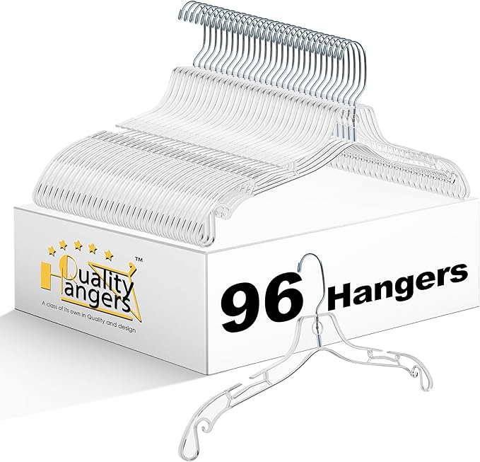 Quality Clear Hangers 12 Pack - Crystal Hangers for Clothes - Durable Plastic Hanger Set - Invisible Dress for Suits - Heavy Duty - Nonslip Coat and Shirt (Clear, 96 Pack)
