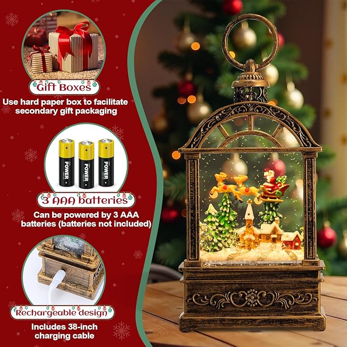 Snow Globe Christmas Lantern Decorations - 9.8”USB Plug-in & Battery Operated Music can be Turned Off，Portable Creative Water Glitters Lighted Music Christmas Snow Globe Lantern for Christmas Decor