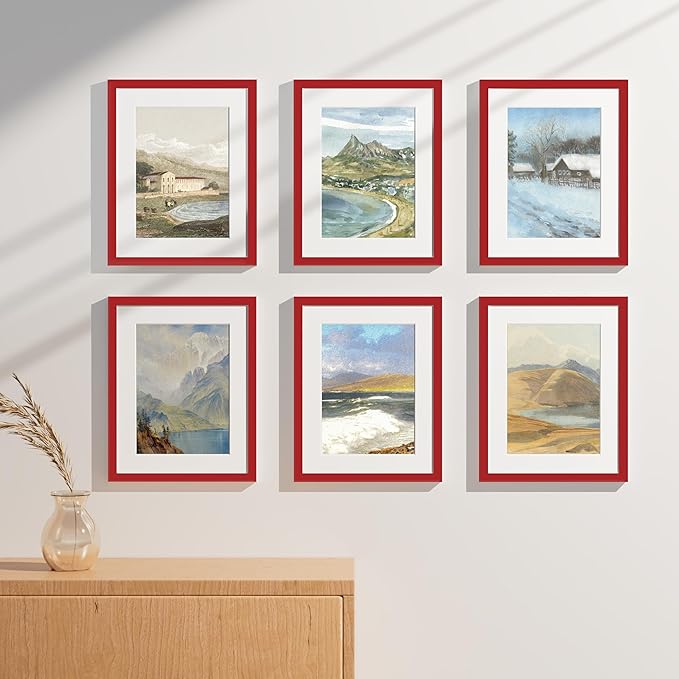 Vittanly 11x14 Picture Frames Set of 9, Shatter Resistant Plexiglass, Display 8x10 Pictures with Mat or 11x14 without Mat, Photo Frames for Wall or Tabletop, Engineered Wood, Red