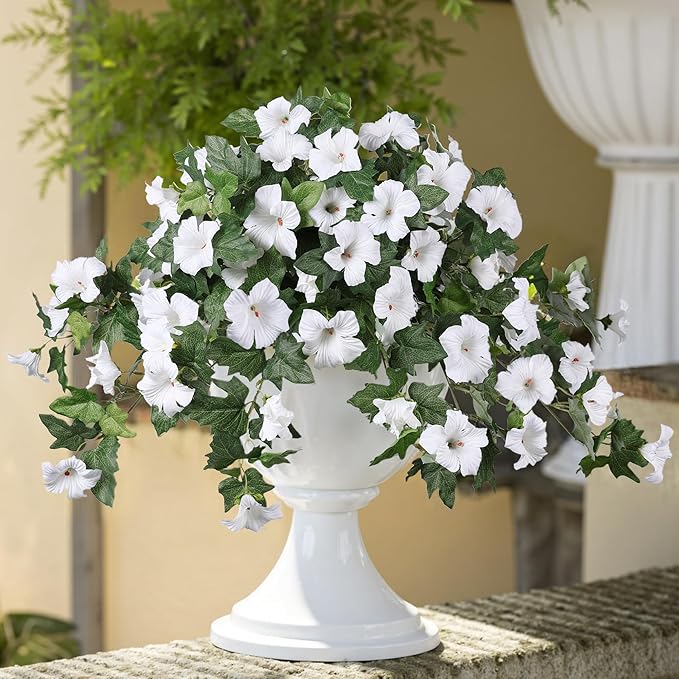 HyeFlora Artificial Flowers for Outdoors 2PCS Spring Faux Morning Glory Look Real Silk Flowers for Outside Planter UV Resistant Fake Flowers for Home Garden Balcony Yard Porch Deco (White)