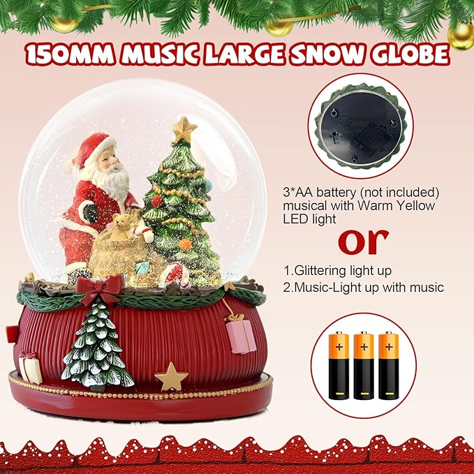 8.25 Inch Height Christmas Snow Globe with Light up Musical Snowflakes Holiday Decoration, Santa Claus Oversized Resin Snowglobes, Christmas Holiday Decor.