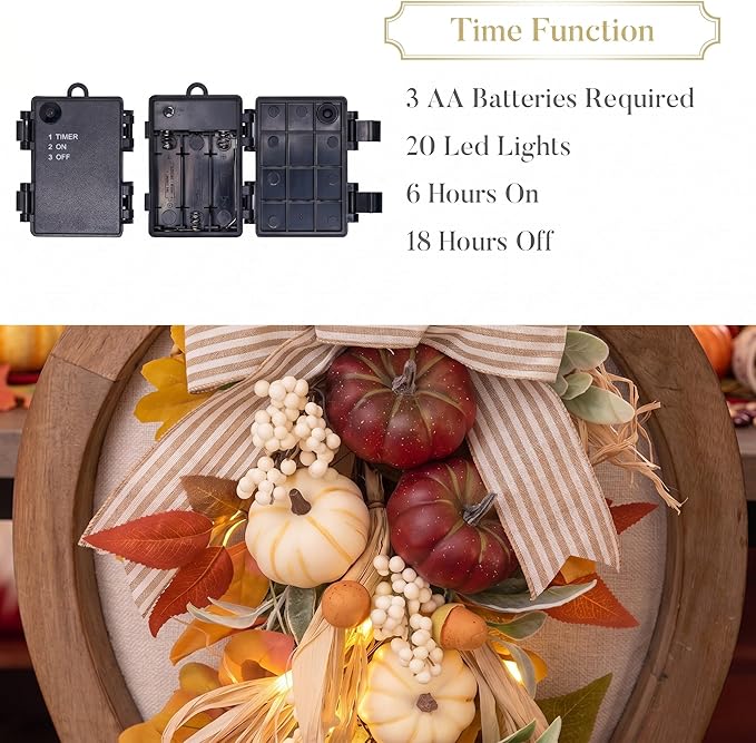 Valery Madelyn 24 inch Fall Pumpkin Teardrop Swag Autumn Harvest Door Hanger with Striped Bow, Mini Pumpkins, Eucalyptus, Raffia & Berry Sprays for Front Door, Mantel Thanksgiving Table Centerpiece
