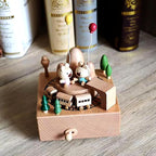 Natural Solid Wood Handcrafted Beech Wooden, Musical FigureTotoro/Carousel/Fairy/Ballerina Figurine,Rotating Hand Crank Mechanism Music Box,Musical Decorations (Little Bear and Train)