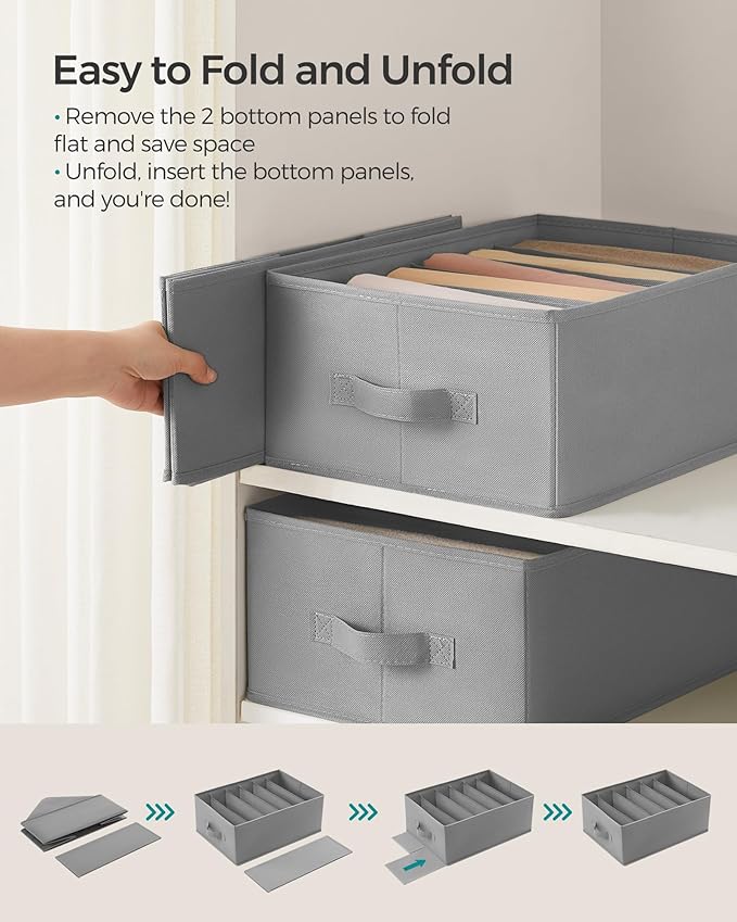 SONGMICS Set of 6 Large Size Wardrobe Clothes Organizers, 6-Compartment Foldable Drawer Organizers with Handles, 16.5 x 11.8 x 6.7 Inches, for Pants, Sweaters, Jeans, Dove Gray URUS009G03