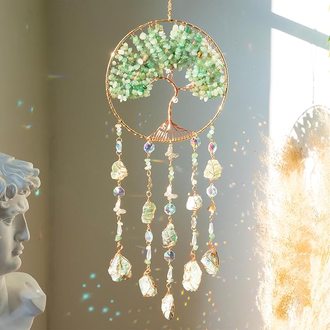 Tree of Life Dream Catchers Green Dream Catcher with Crystal Sun Catcher Prism Hangings Wall Window Bedroom Room Decor Gift for Girls Boys Adults