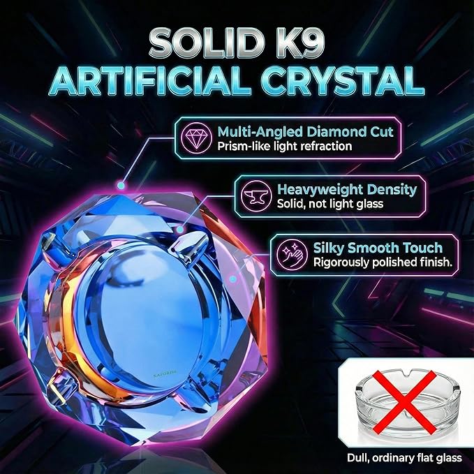 Kaforise Heavy K9 Crystal Ashtray for Cigarettes – Cool Color-Changing Glass Ash Tray for Outdoor Patio & Home Decor – Fancy Geometric Tabletop Accessories, Unique Luxury Gift for Men Smokers (01)