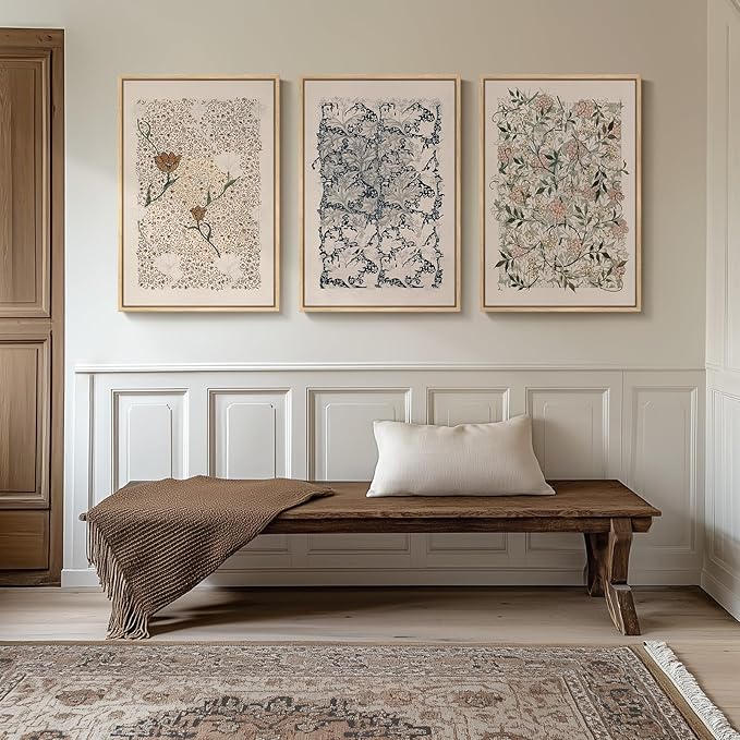 Framed Large William Morris Canvas Wall Art Set of 3, Vintage Nature Floral Artwork Prints, Boho Neutral Botanical Wall Decor for Living Room, Bedroom, Hallway and Office, Total Size 30x60