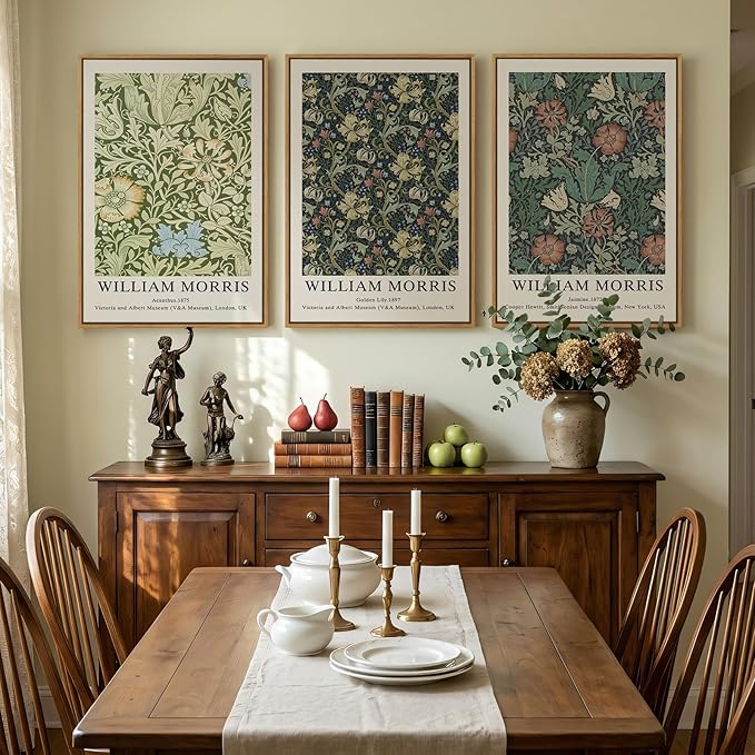 Large Framed William Morris Green Wall Art Set of 3, Vintage Floral Canvas Picture Paintings for Walls, Rustic Botanical Floral Artwork Prints for Living Room, Bedroom, Dining Room, Hallway, Office Wall Decor, Total Size 30x60 In