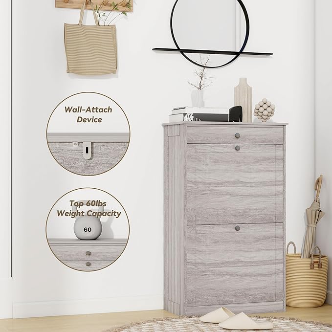 Shoe Storage Cabinet with 2 Flip Drawers, Narrow Freestanding Hidden Shoe Rack Cabinet, Pet-Proof Shoe Organizer for Closet, Entryway, Hallway, Wash Grey