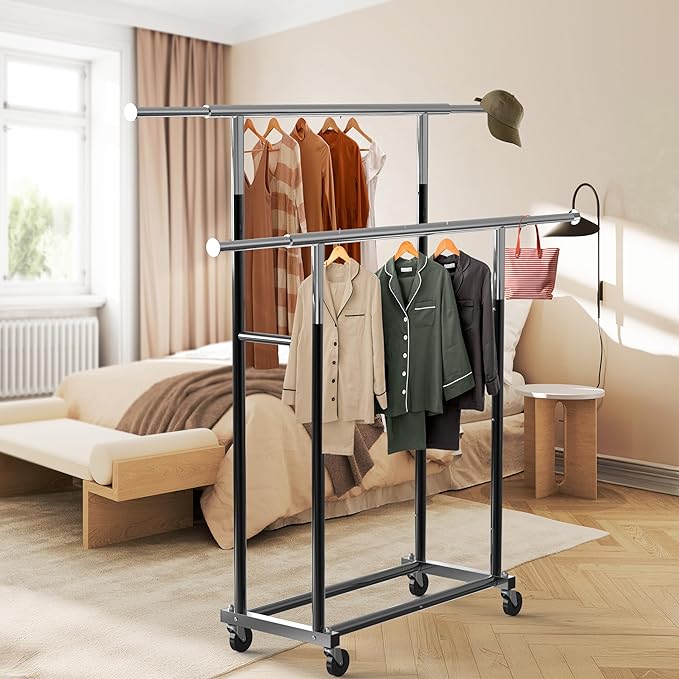 Simple Houseware Standard Double Rod Garment Rack, Black