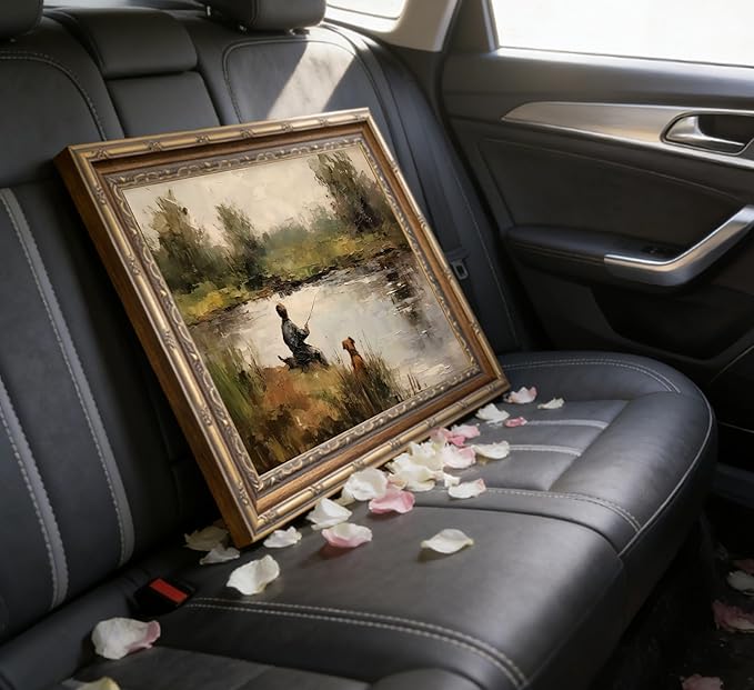 Vintage Gold Framed Wall Art Boy Fishing Country Oil Painting Canvas Prints Peaceful Lake Landscape with Dog Picture Rustic Farmhouse Poster Artwork for Nursery Living Room Bedroom, 16x24in