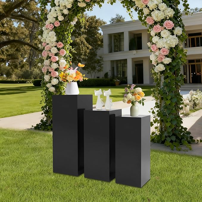 3Pcs Square Display Pedestal Stands Set for Party, Metal Display Stand Plinth Pillars, Cake Stands Pillars for Wedding Birthday Art Decor Risers, 11.8*31.5" (L), 11.02*25.6" (M), 10.24*23.6" (S)