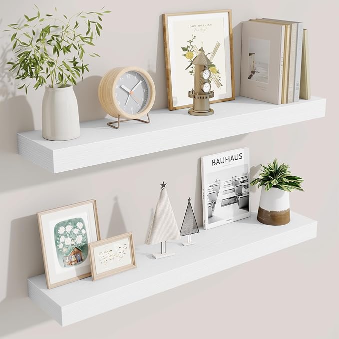 Fun Memories Bathroom Shelves 32 Inch Long Set of 2, Floating Shelves for Wall with Invisible Brackets, for Bedroom, Living Room, Kitchen, White