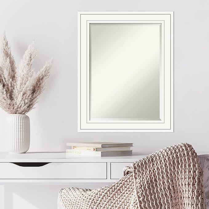 Amanti Art White Wall Mirror 29x23 Craftsman White Rectangle Bathroom Mirror for Wall Decor Living Room, Medium Casual Wood Frame, Hangs Horizonally and Vertically, Bathroom Decor, Beveled Edge