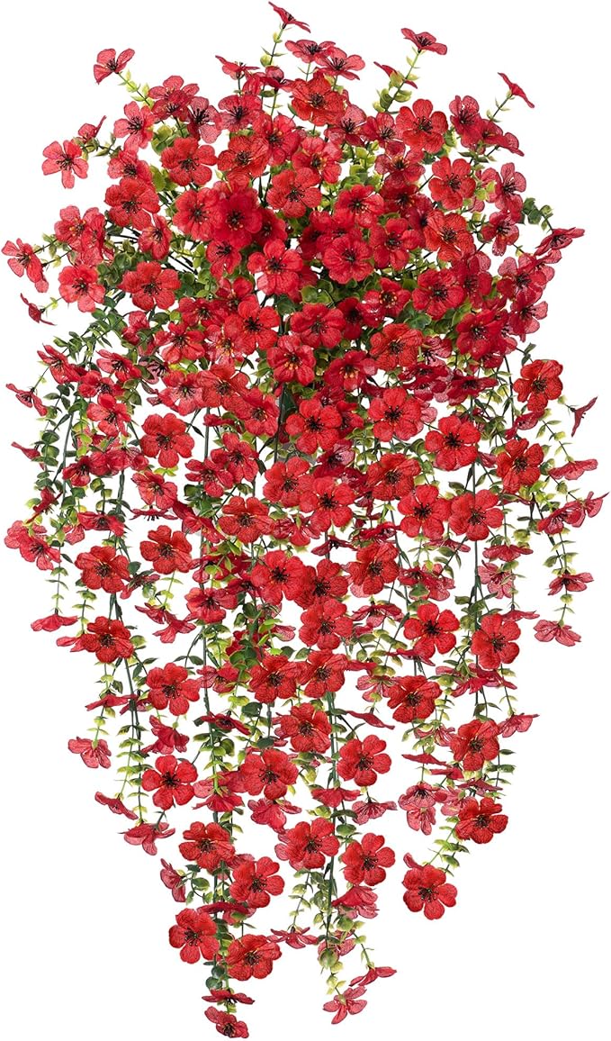 Artificial Hanging Flowers for Outdoors Fake Plants Decoration, 2 Pcs Faux Silk Daisy Flower Realistic Outdoor Flowers UV Resistant Porch Patio Window Yard Indoor Spring Decor(Red)