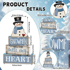 Moucuny 4 Pcs Winter Table Decorations Blue and White Snowman Decor Winter Tiered Tray Decor Valentines Day Centerpiece Rustic Decorative Hat Snowman Block Signs Gift Farmhouse for Home Kitchen Shelf