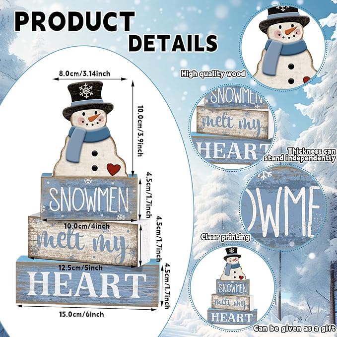 Moucuny 4 Pcs Winter Table Decorations Blue and White Snowman Decor Winter Tiered Tray Decor Valentines Day Centerpiece Rustic Decorative Hat Snowman Block Signs Gift Farmhouse for Home Kitchen Shelf