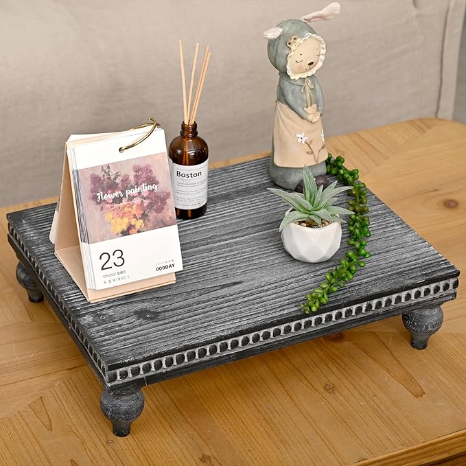 SwallowLiving Farmhouse Wood Riser for Display Decorative, Rustic Shabby Chic Tray for Kitchen Counter, Coffee Bar Table, Dining Room, Wooden Rectangle Beaded Pedestal Stand for Food, Black