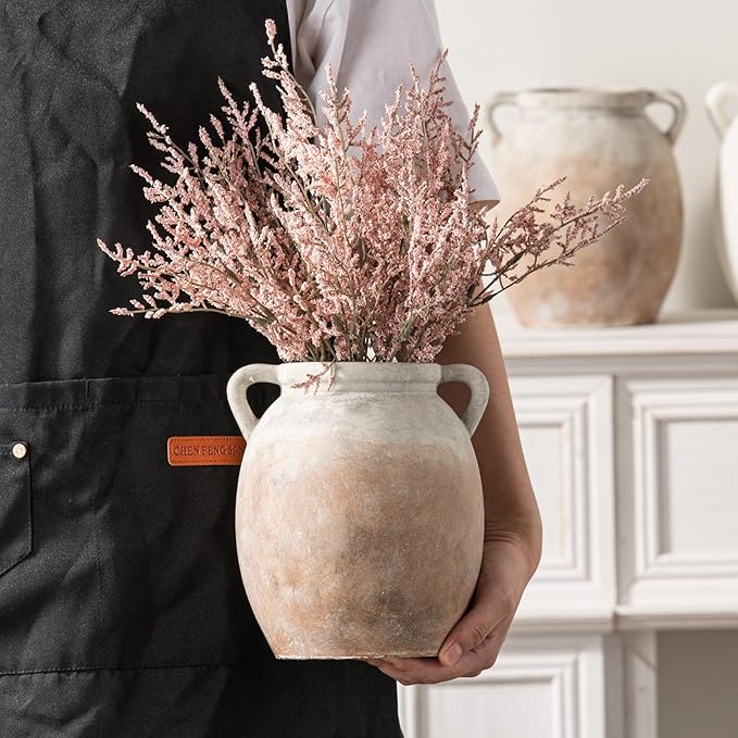 Ceramic Flower Vase 7.6 inch Farmhouse Rustic Vase Decorative Pottery Terracotta Vases for Home Decor Table Mantle Fireplace Living Room Bathroom Wedding Centerpiece (Aged Terra)