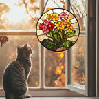 Stained Glass Window Hanging, Yellow Red Flowers Sun Catcher for Window Door Home Decor Green Plant Suncatcher Christmas Mother's Day Birthday Gifts for Women Men Mom and Nana 11.8 in