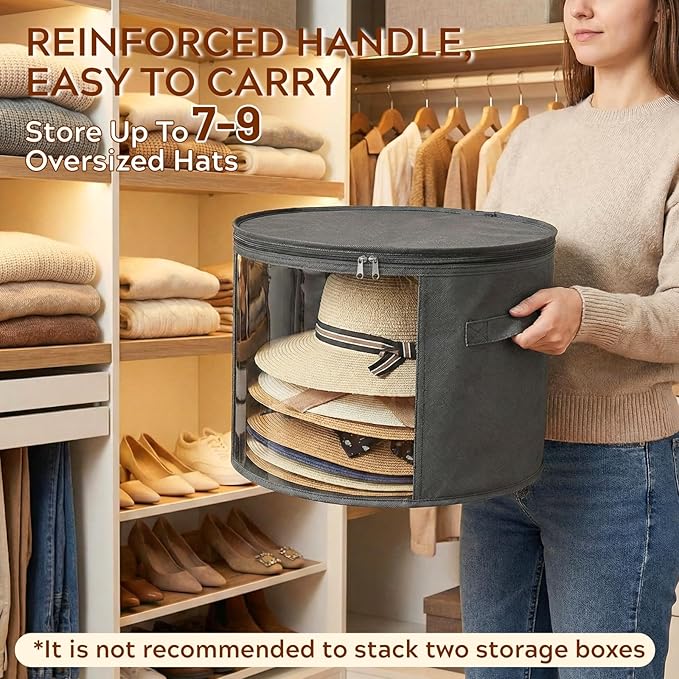 Ofiray-home 2 Pack Large Clear Hat Storage Boxes, Hold up to 7-9 Hats, Hat Organizer for Closet, Durable & Foldable, Hat Box with Carrying Handles for Round Brim, Wide-Brim, Cowboy, Sun Hat (Gray)
