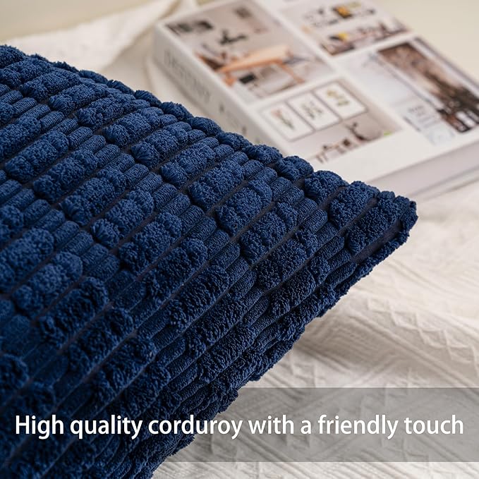 Aegero Pack of 2 Corduroy Decorative Throw Pillow Covers 24x24 Inch Soft Striped Pillow Covers Modern Farmhouse Home Decor for Sofa Living Room Couch Bed（Blue）