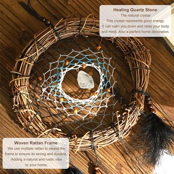 5 Pack Boho Dream Catcher Native American Wall Art Set, Handmade Natural Rattan Feathers Large Dreamcatcher Rustic Hanging Ornament Indian Wall Decor for Bedroom Adult