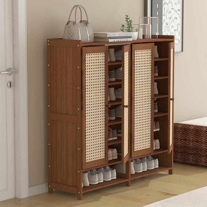 Upgraded Shoe Storage Cabinet,39 Pairs Rattan Shoe Cabinet Storage,8 Tier 45" Tall Large Shoe Cabinet,Boho Farmhouse Cabinet with Doors for Hallway Living Room Closet(47.2" W 8 Tier)