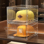 Hat Organizer Box, Stackable Clear Baseball Caps Holder Box Containers with Magnetic Door for Hats Snapback Cap Storag, Hat Rack Display Case, Holds 8 Hats Each (Clear, 2 Pack)