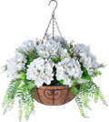 Artificial Flowers in Hanging Basket Planter for Home Spring Summer Decoration, Silk Hydrangea Outdoor Indoor Arrangements, 12" Metal Coconut Lining Basket with Faux Plant(Light Green)